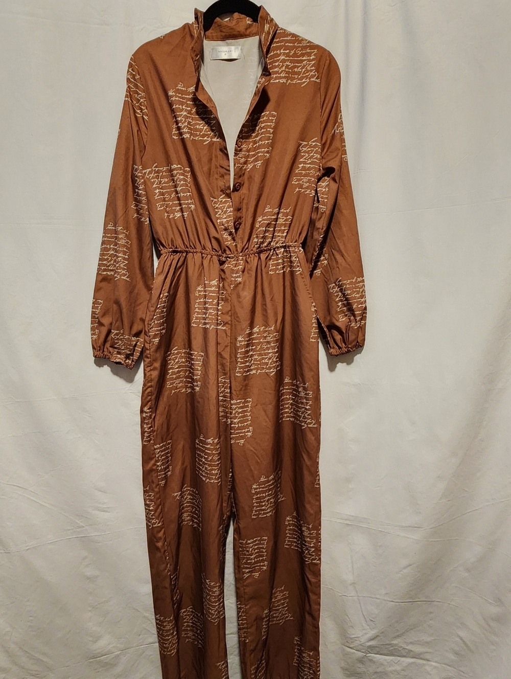 Brown Long-Sleeve Script-Print Jumpsuit Dress with Elastic Waist